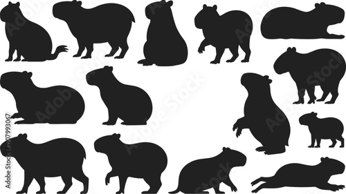Capybara silhouette mega set with various poses including walking sitting standing resting and jumping, wildlife rodent illustration collection