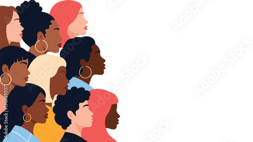 Group of diverse women of different ethnicities looking forward together representing unity, equality, and empowerment.