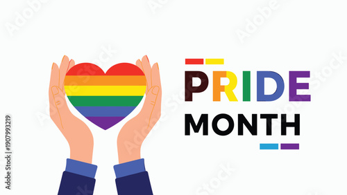 Human hands hold a rainbow colored heart next to the text pride month on a white background to support lgbtq rights and diversity.