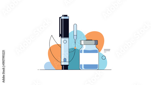 Medical supplies for diabetes management include an insulin pen and a vial of injectable medication against a soft abstract background.