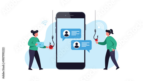 Two women use fishing hooks to pull chat bubbles from a smartphone screen to illustrate the concept of mobile phishing and cyber scams.