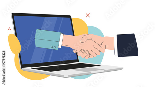 Digital handshake concept features two hands meeting for a deal with one arm reaching out from a laptop screen for remote business.