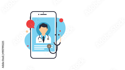 Mobile healthcare concept shows a doctors profile on a smartphone screen with a stethoscope draped over the device for remote medical care.