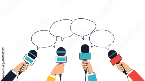 Various hands holding microphones toward empty speech bubbles represent a press conference or interview session in this vector illustration.