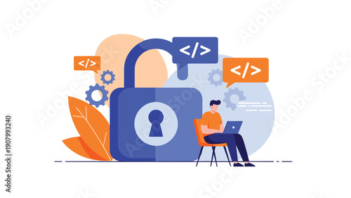 Software developer works on a laptop next to a massive blue padlock to represent secure coding practices and data protection.