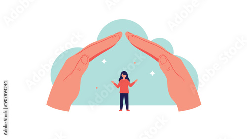Large protective hands forming a roof over a young girl representing child protection, safety, and family insurance coverage concepts.