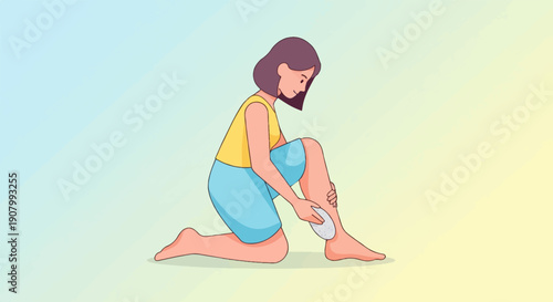 Woman kneeling and using a pumice stone on her leg