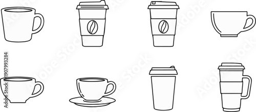 Various styles of outline coffee cups and travel mugs arranged in a grid