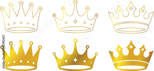 Golden crown icon set with outline and solid royal styles. Luxury king and queen crown symbols for branding, awards, or heraldic design. Elegant monarch crown collection isolated.