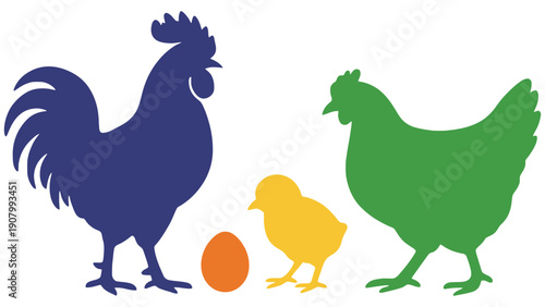 A rooster, hen, chick, and egg are silhouetted against a white background.