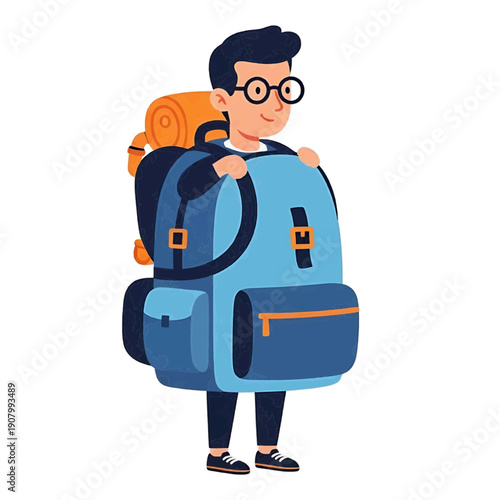 Young boy smiling wearing oversized blue backpack white background, heavy travel burden concept