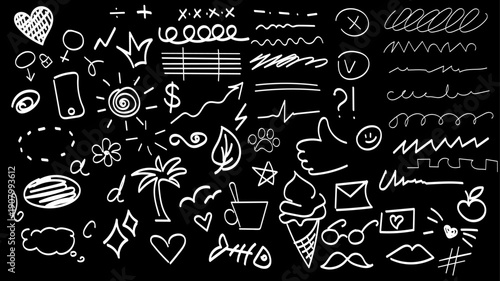 Creative Doodle Collection Featuring Various Patterns, Symbols, and Artistic Expressions on Black Background