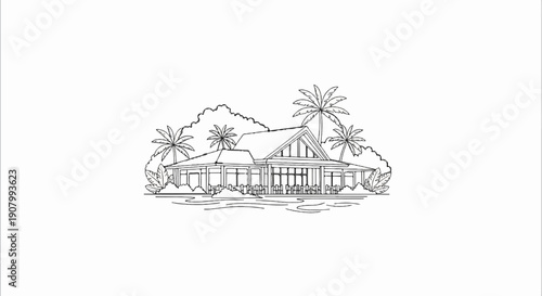 Tropical building with palm trees and outdoor seating by water