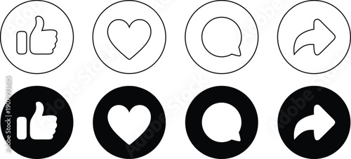Social media interaction icon set with like, love, comment, and share symbols. Outline and solid round buttons for apps, websites, or UI design. Minimal feedback and engagement icons isolated.