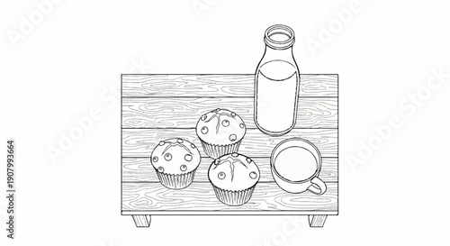 Three muffins, a bottle of milk, and a cup on a wooden tray