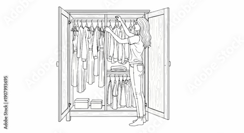 Woman organizing clothes in a wooden wardrobe