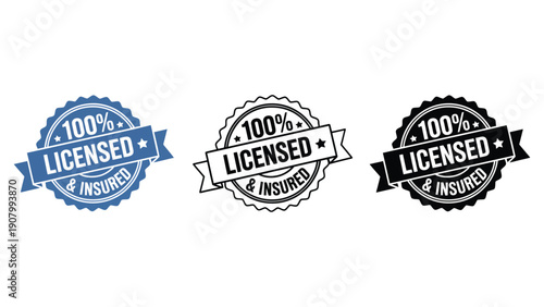 Three different styles of "100% Licensed & Insured" stamps are shown.