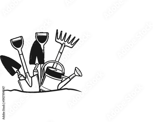 Various garden tools including shovels, a rake, and a watering can