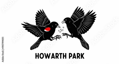 Two blackbirds with red shoulder patches interacting near seeds