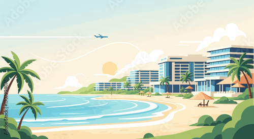 Tropical beach scene with resorts, palm trees, ocean waves, and a plane overhead