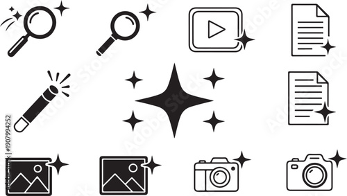 Artificial intelligence icon collection for generative AI tools. Search, chat, edit, image, prompt and creative magic symbols designed for app and web interfaces.