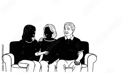 Three people sitting closely on a couch, two women and one man, all smiling