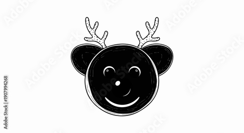 Whimsical black and white cartoon reindeer face with large ears and playful antlers