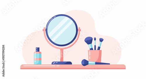 Vanity table with mirror, cosmetic bottle, and makeup brushes