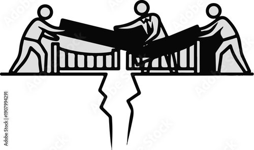 Three people working together to build a bridge over a chasm