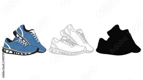 Three different representations of blue athletic shoes are shown.
