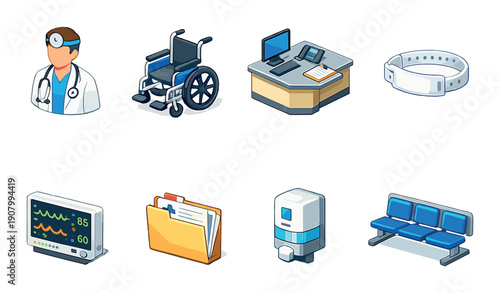 Healthcare icons: doctor, wheelchair, office, wristband, monitor, documents, dispenser, seating