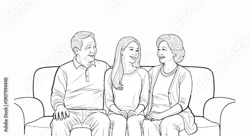 Three people of different ages sitting close together on a sofa