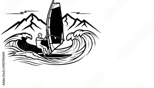 Windsurfer riding a wave with mountains in background