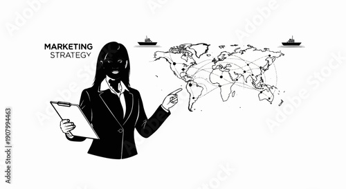 Woman pointing at world map with shipping routes and text "MARKETING STRATEGY