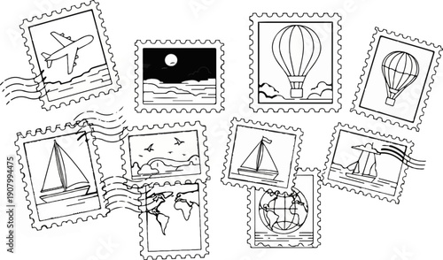 Travel-themed postage stamps depict airplanes, hot air balloons, sailboats, and a globe