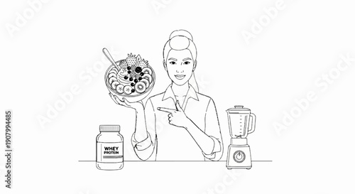 Woman pointing at a healthy fruit bowl, next to protein powder and blender