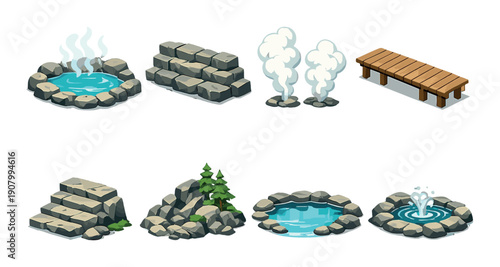 Collection of cartoon landscapes with rocks, water features, and wooden bridge