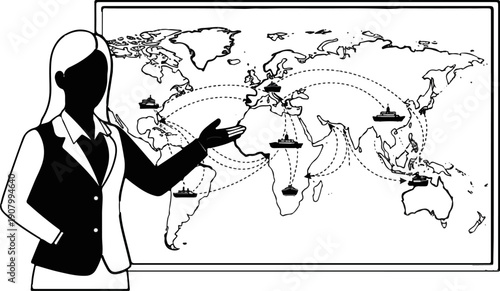 Woman presenting global shipping routes on a world map with ships