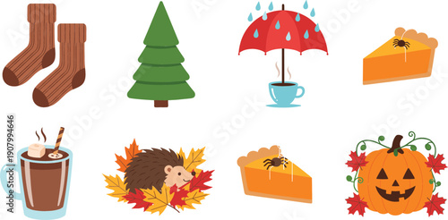 Cozy autumn and Halloween vector icon set featuring brown socks pine tree pumpkin pie hot cocoa hedgehog in leaves and jack o lantern.