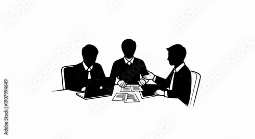 Three silhouetted figures in business attire collaborate at a table