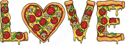 Creative pizza typography design spelling the word LOVE with pepperoni mushroom and green pepper toppings for pizzeria marketing and foodie Valentine concept.