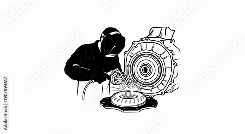 Welder working on mechanical component of transmission