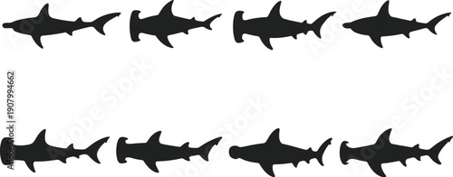 Hammerhead shark silhouette set, flat vector illustration, ocean predator fish collection, black marine animal shapes isolated on white