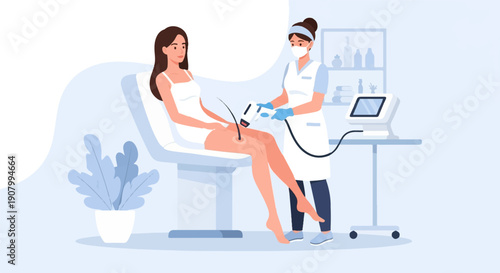 Woman receives laser hair removal treatment from technician in clinic