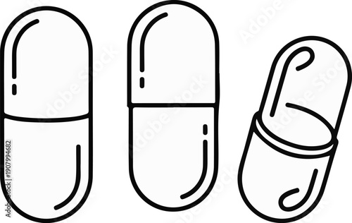 Three simple line drawings of capsules, two upright, one tilted