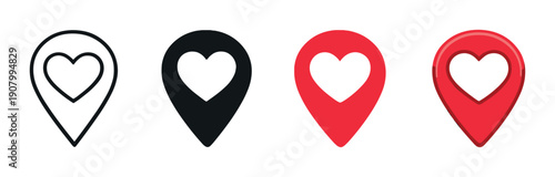 Heart location icons: black and red pins with heart symbols on gradient background