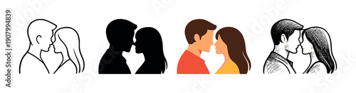 Couples kissing: evolution from outline to realistic art style illustration