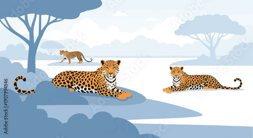 Three spotted big cats in a stylized, blue-hued, minimalist savanna landscape