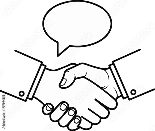 Two hands shake in agreement above a speech bubble, signifying a deal