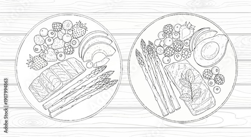 Two plates of salmon, asparagus, avocado, and berries on a wooden table